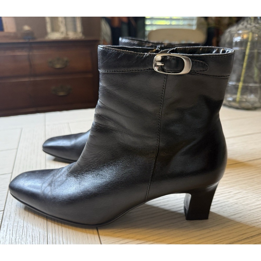 Andrew Geller Black Leather 2.5" Heeled Ankle Boots Zip Closure Buckle Shoes 7.5
